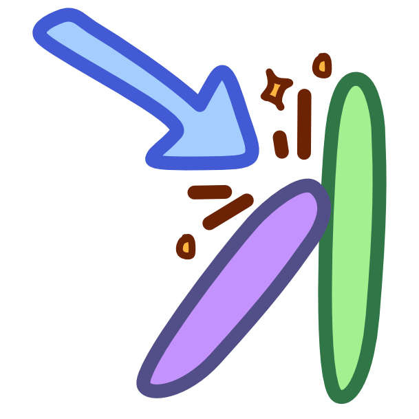 An image with dark line art shows a long round purple shape leaning against a long round green shape. A blue arrow points at the space they touch. There are a few emphasis lines and some sparkles around the tip of the arrow nestled into the angle the shapes create.